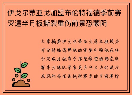 伊戈尔蒂亚戈加盟布伦特福德季前赛突遭半月板撕裂重伤前景恐蒙阴 伊戈尔蒂亚戈加盟布伦特福德季前赛突遭半月板撕裂重伤前景恐蒙阴
