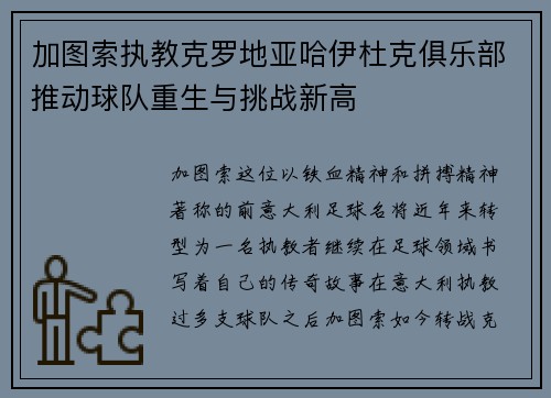 加图索执教克罗地亚哈伊杜克俱乐部推动球队重生与挑战新高